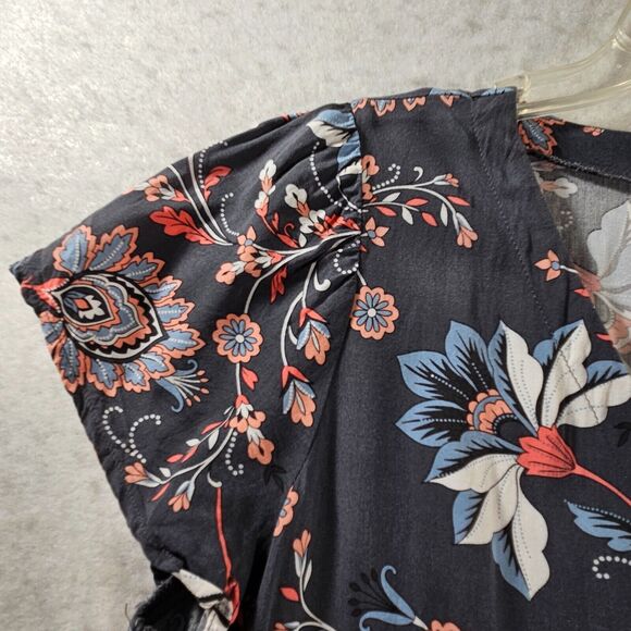 LOFT Petite Midi Dress Womens 10P Gray Floral A Line Button Up Cap Sleeve Casual - Picture 4 of 14